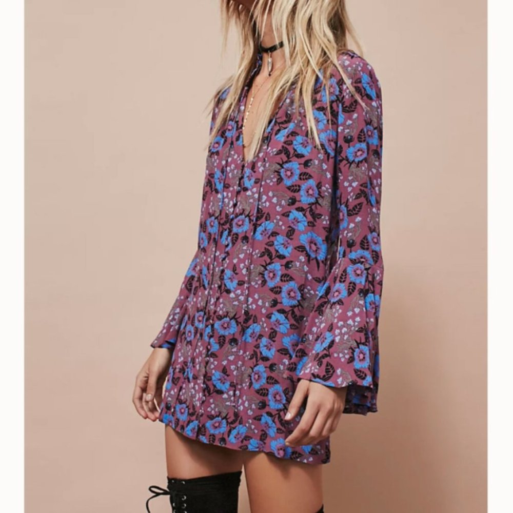 Free People Bell Sleeves Tunic Blouse Purple Blue Boho